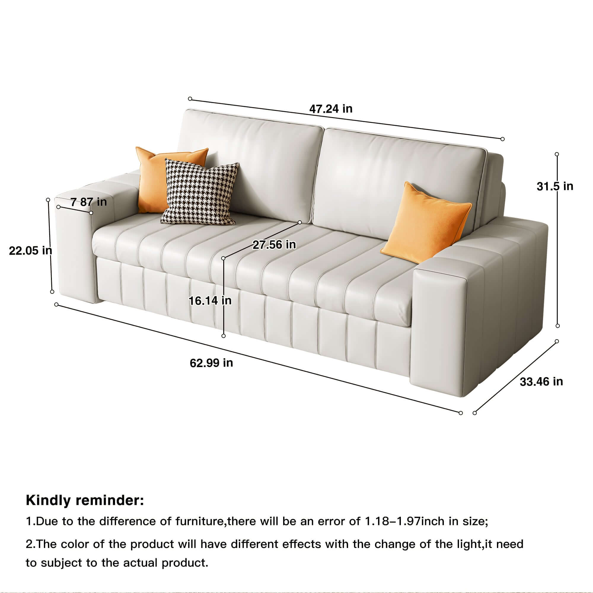 Modern leather upholstered sleeper sofa bed with storage space, measuring 62.99 inches