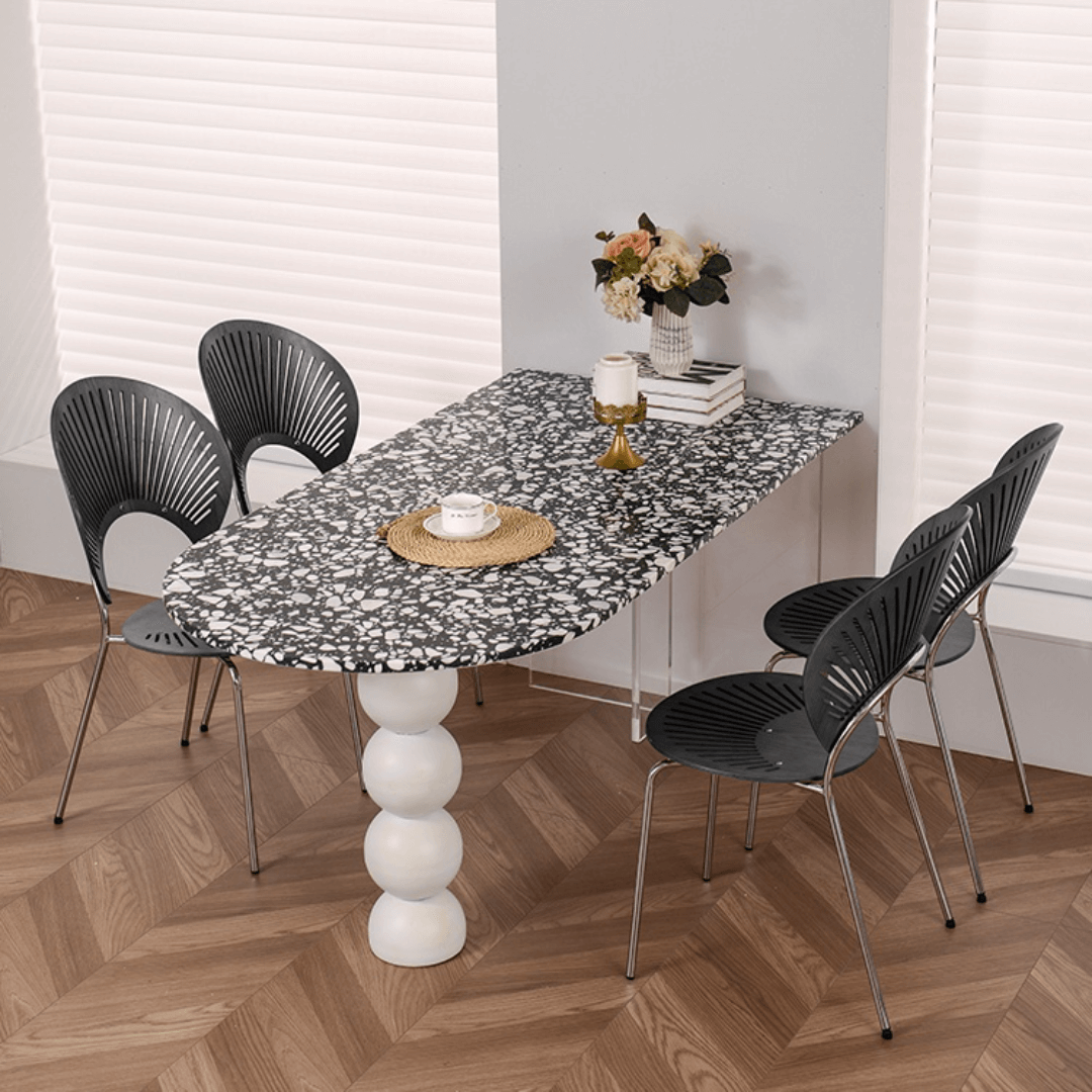 Half-elliptical terrazzo dining table with multicolor mosaic design, durable and stylish