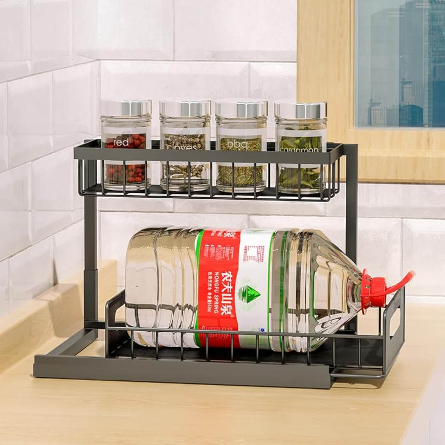 2-pack 2-tier sliding under sink organizers with hooks for bathroom and kitchen storage