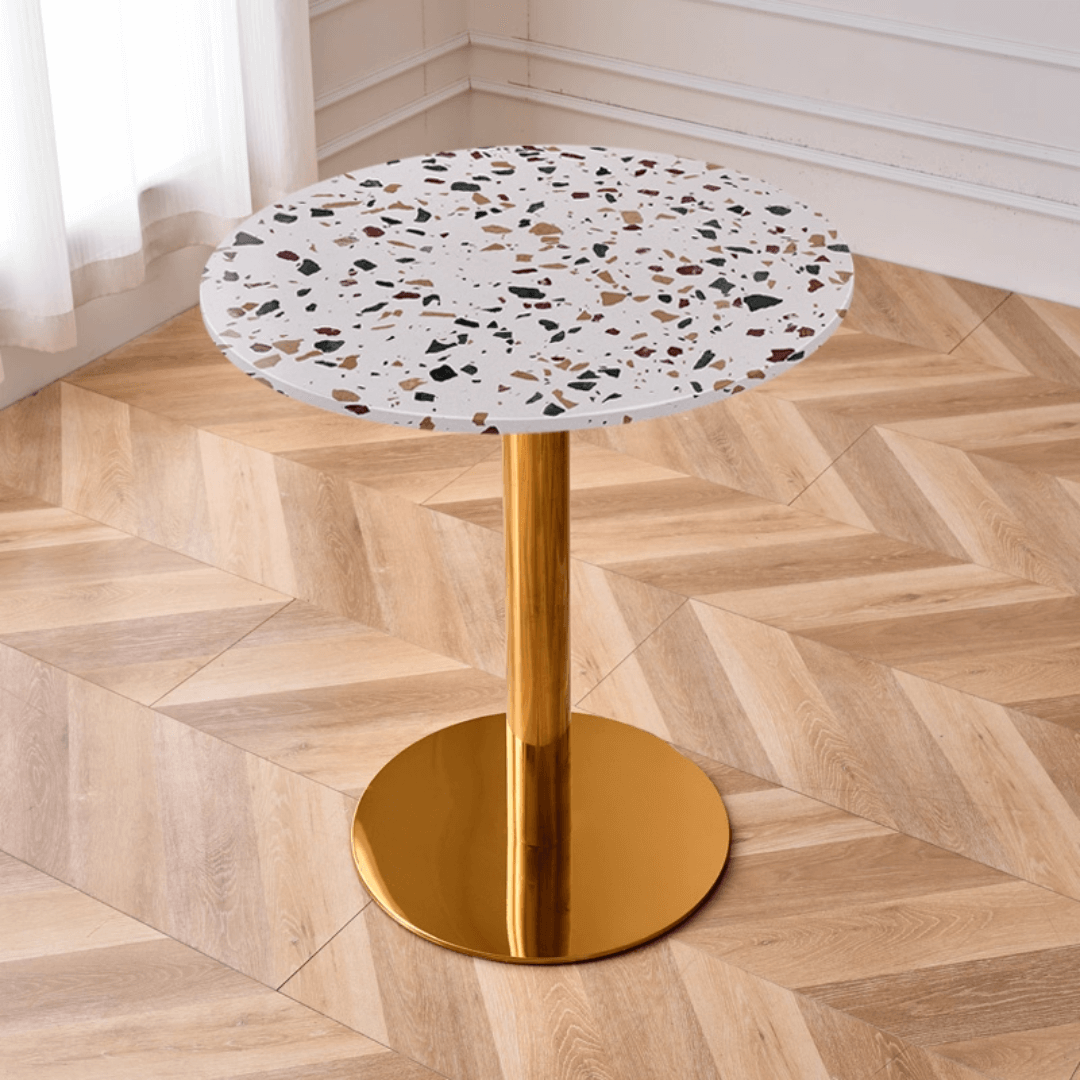 Modern marble table with sturdy metal base, perfect for adding a timeless aesthetic to any space