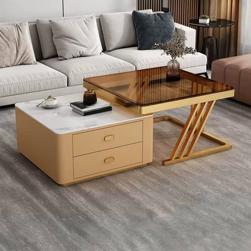 Modern square steel frame nesting coffee tables set with two pieces, including a small table