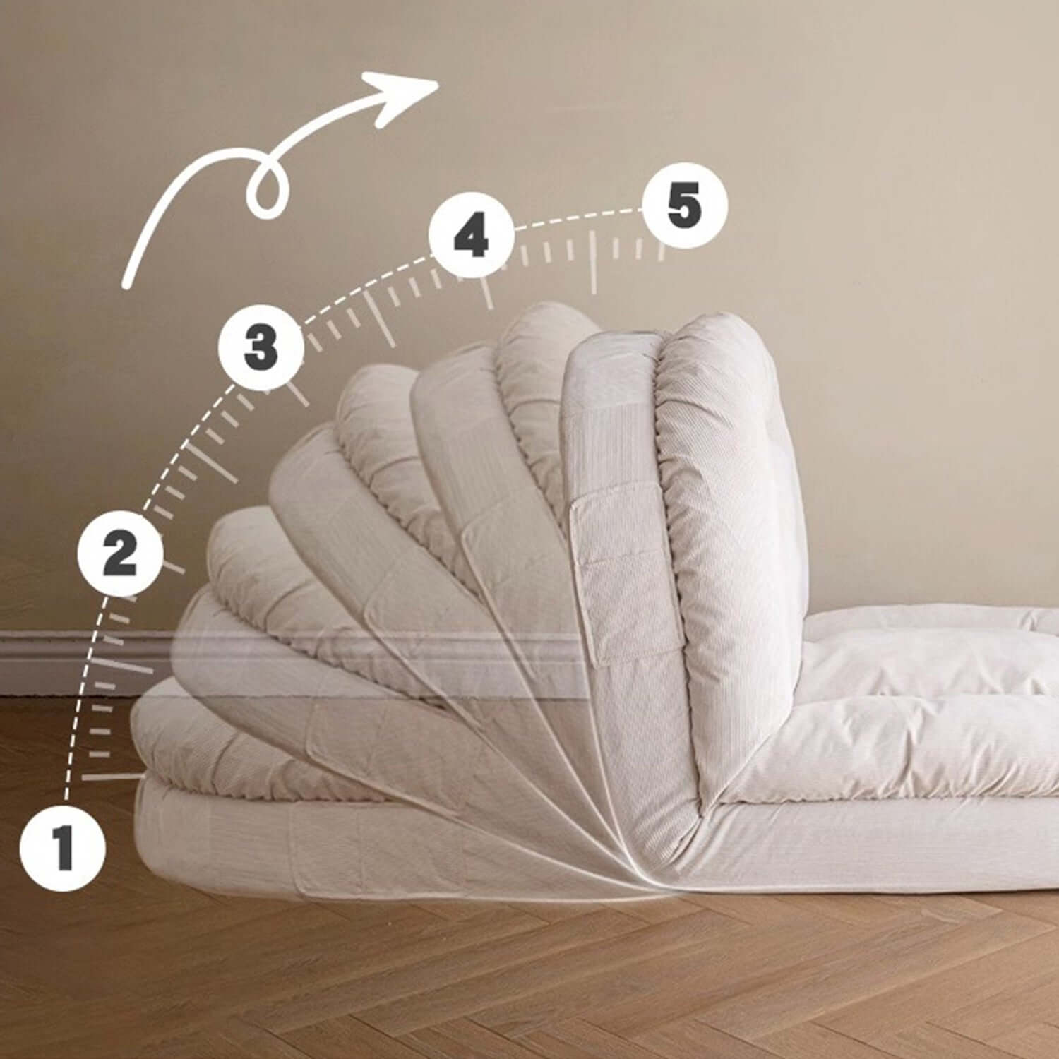 Beige modern convertible sleeper sofa bed with soft teddy velvet upholstery