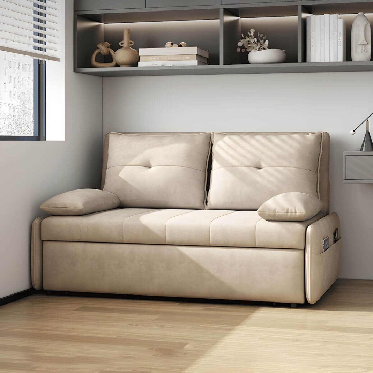 White polyester blend sleeper sofa with metal frame and casters, modern futon for versatile seating