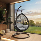 Porch swing with tropical ivory and auburn hydrophobic framed pads, metal stand and chain included