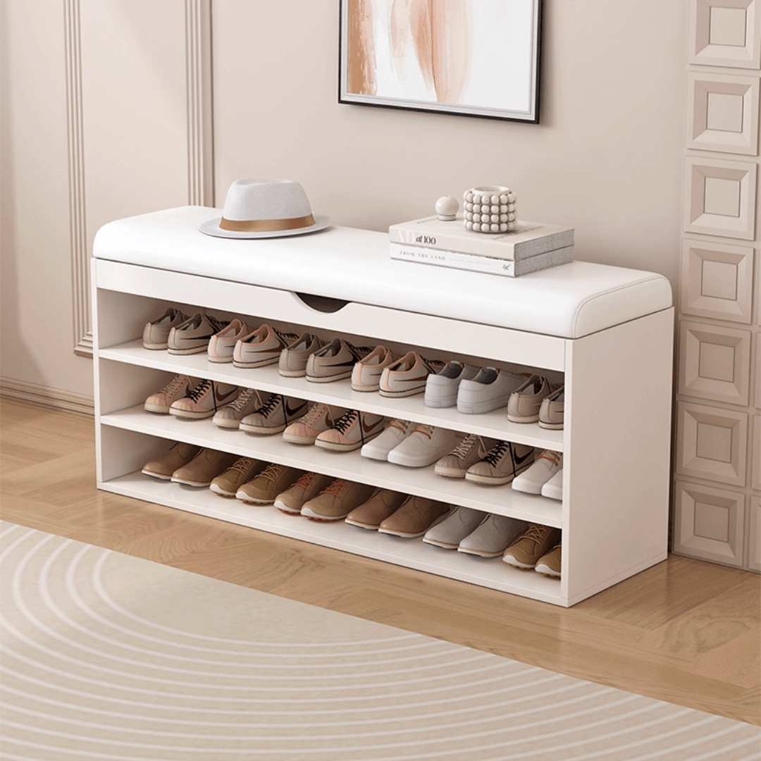 Modern white and orange shoe bench with upholstered seat and space-saving storage main product image Main image