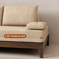 Nordic style sofa bed in khaki cotton and linen with pull out wood feature and convertible design