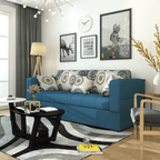 Convertible folding wood bunk bed sleeper with gray, blue, and khaki cushions included