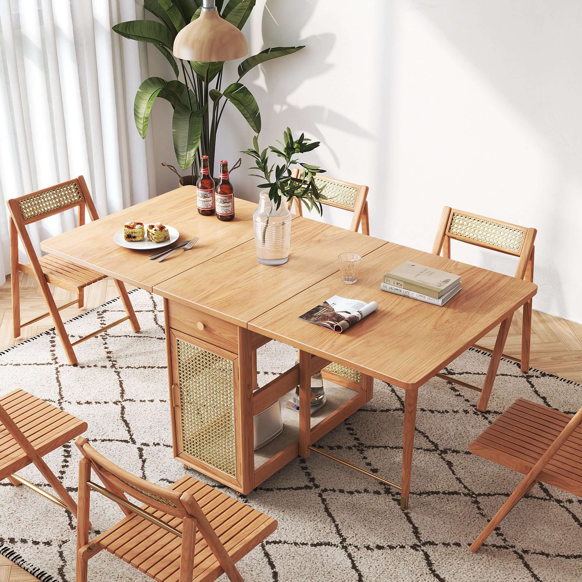 Foldable solid wood dining table and chairs set with built-in storage space for compact living