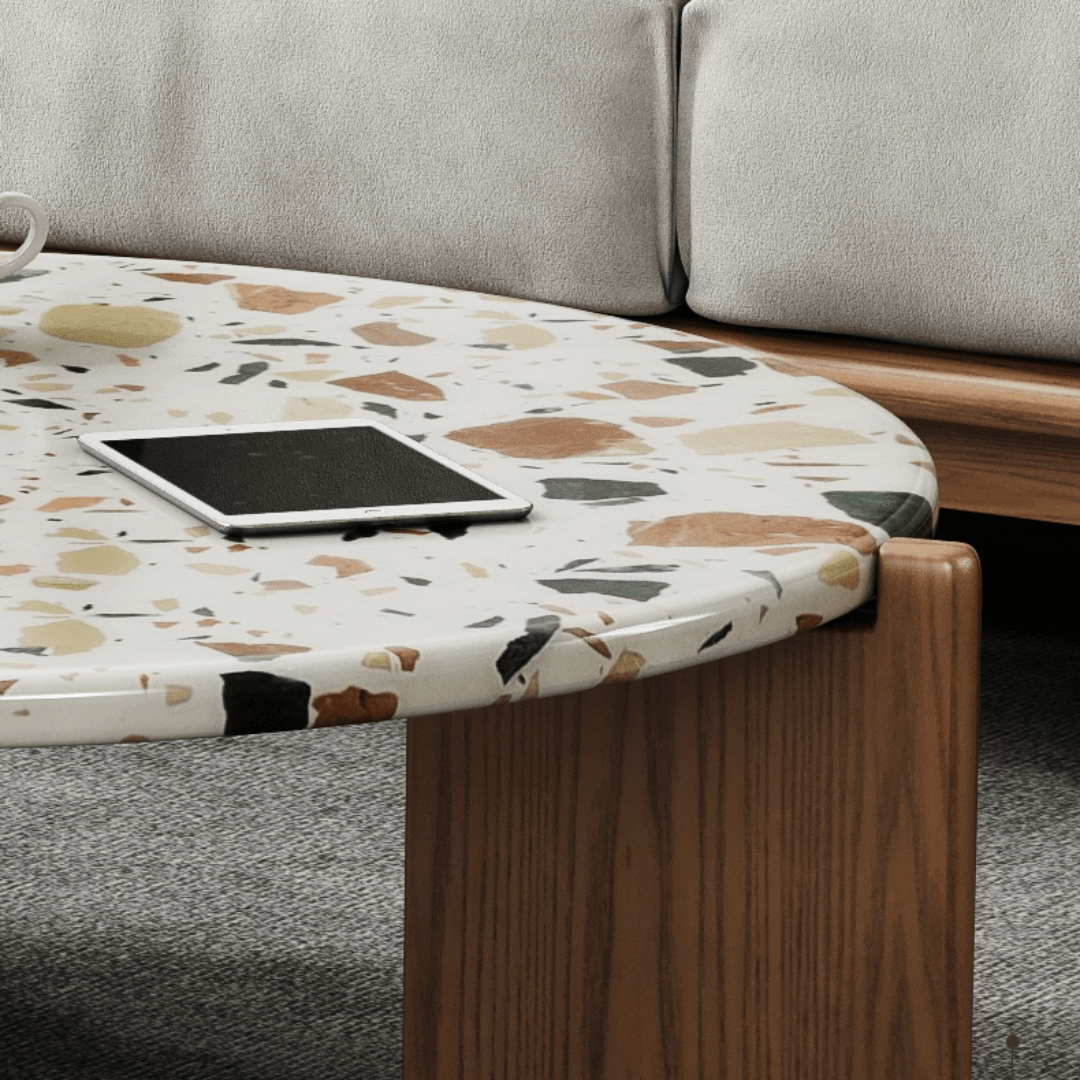 Round Nordic-inspired terrazzo coffee table with quality wooden legs, perfect for modern living rooms