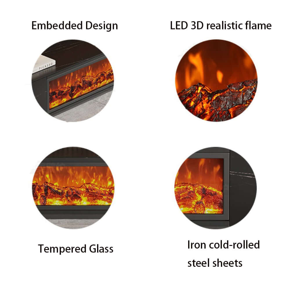 Electric fireplace TV stand with wood storage, available in 70.8 and 78.7 inch sizes