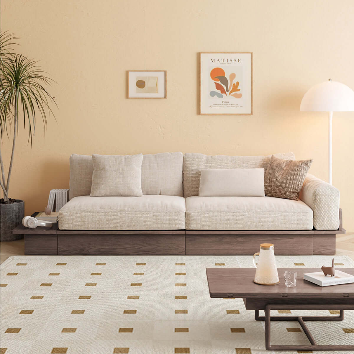 Beige folding sofa bed with solid wood frame and upholstered cotton linen cushions