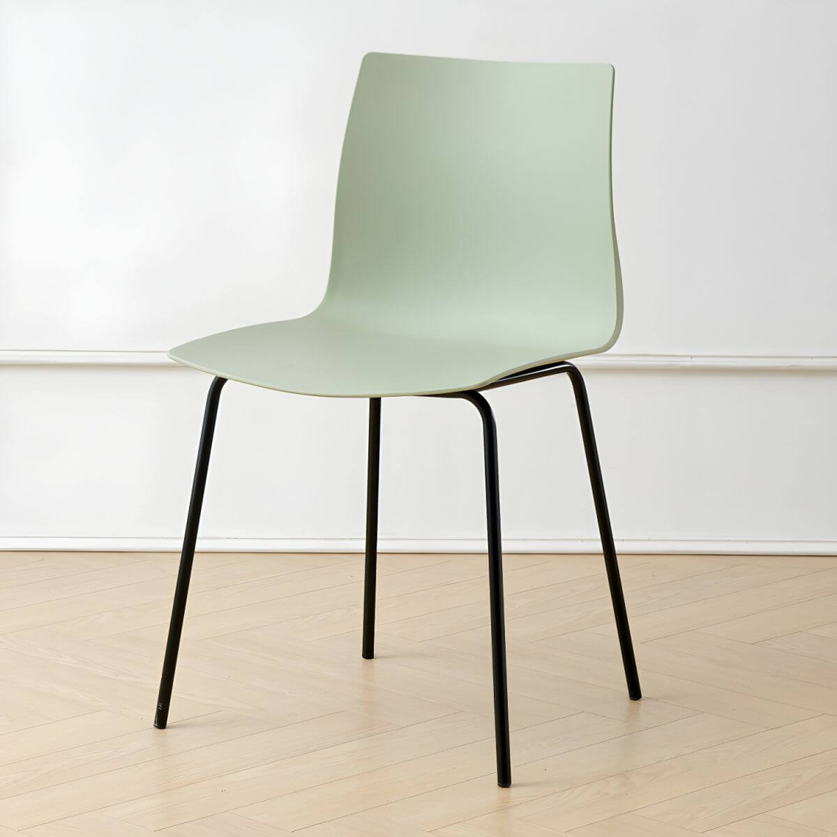 Modern plastic and acrylic side chair with metal legs, ideal for kitchen and dining rooms