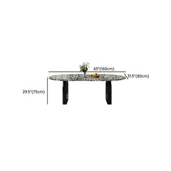 Modern Stone Top Oval Dining Table with Black Wood Double Pedestal - 55.1"L x 31.5"W x 29.5"H Marble Table Only Dining Tables