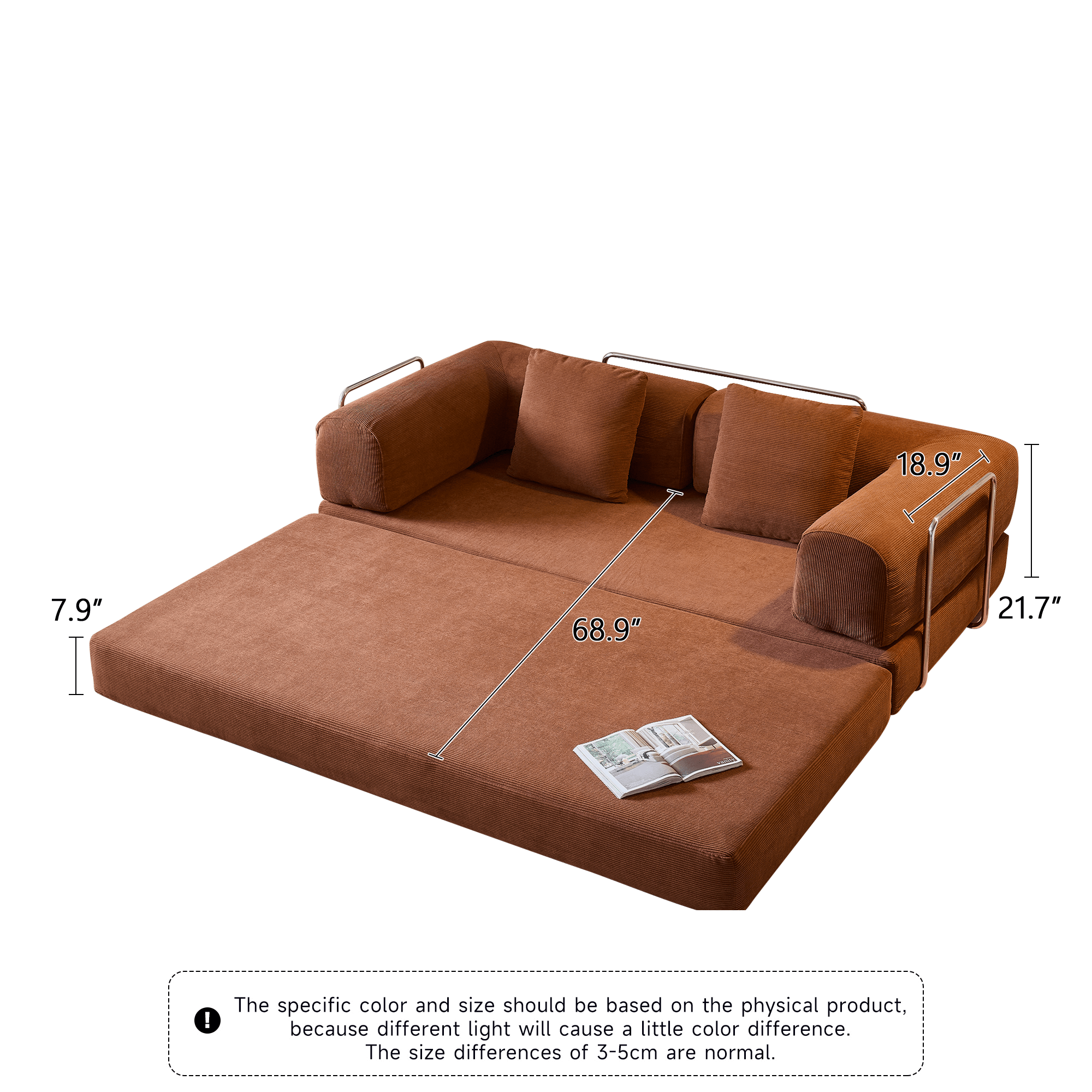 Convertible sofa bed upholstered with soft corduroy fabric, measuring 78.7 inches