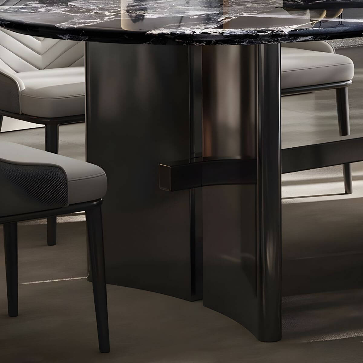 Oval dining table with black marble top and trestle metal base, modern dining room set