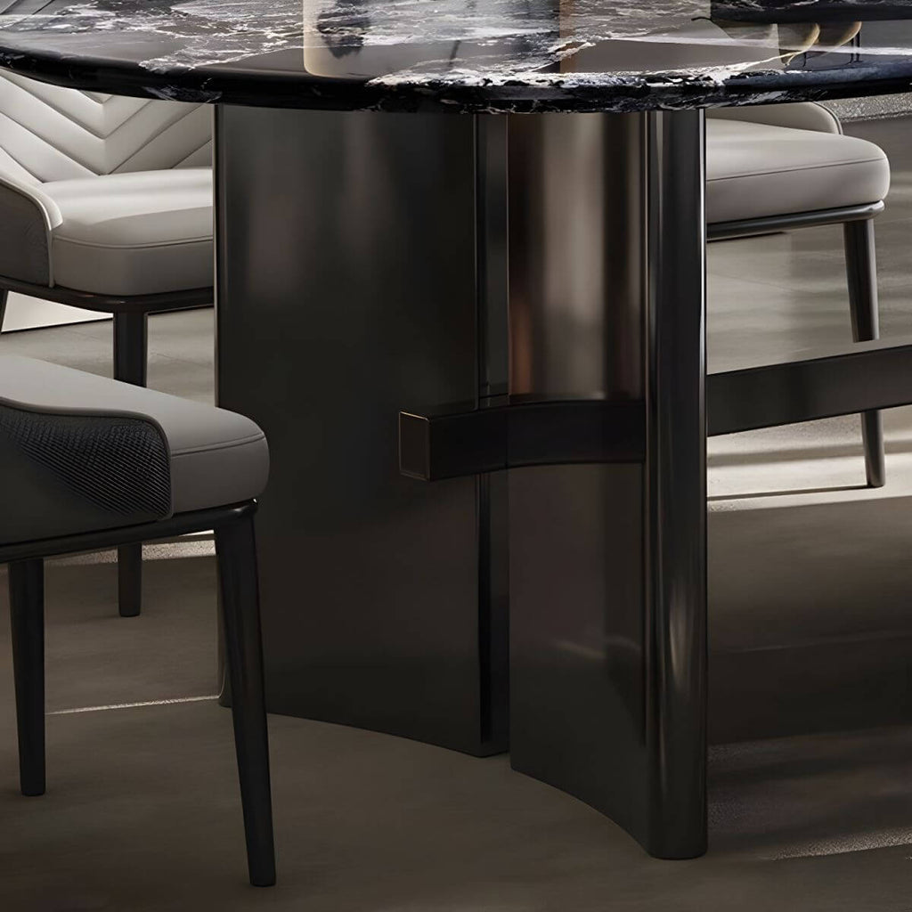 Oval dining table with black marble top and trestle metal base, modern dining room set
