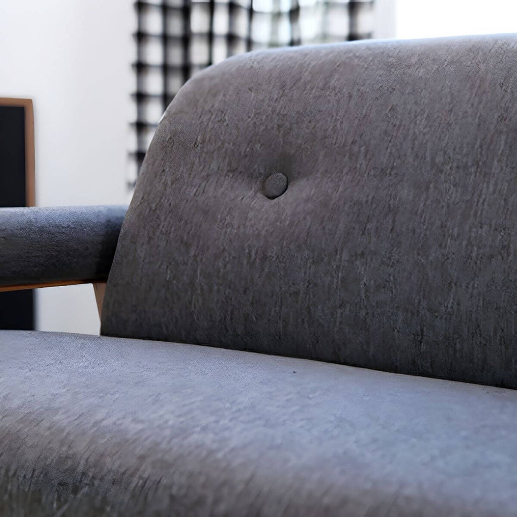 Black Scandinavian style small sofa with wood frame and faux leather upholstery