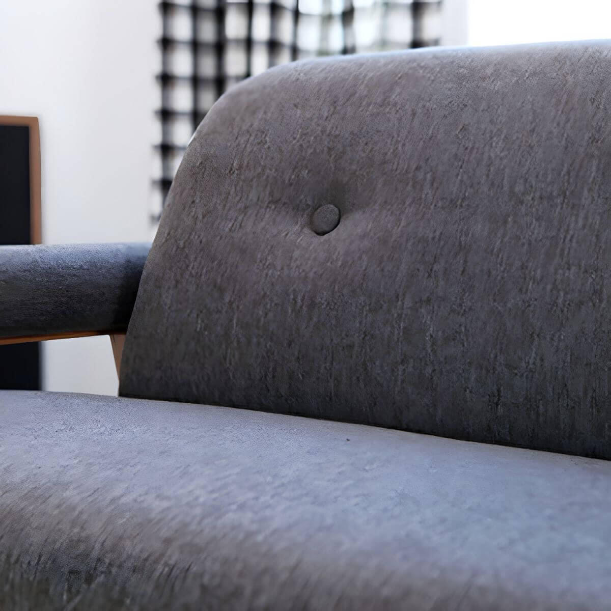 Black Scandinavian style small sofa with wood frame and faux leather upholstery