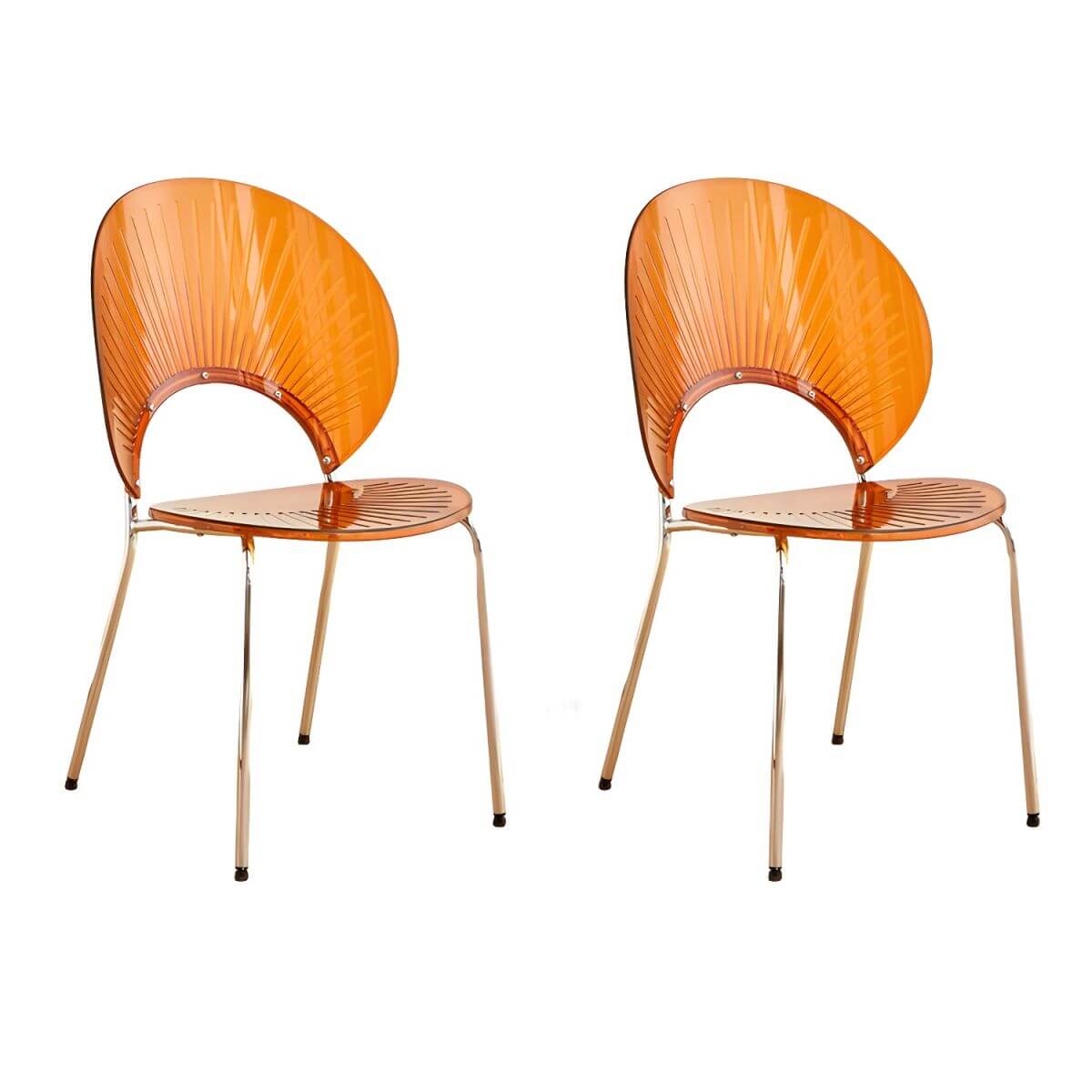 Stackable Scandinavian style dining chair with plastic seat, acrylic back, and silver legs