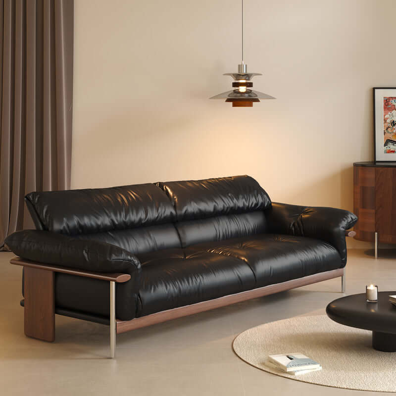 Three-seater sofa with straight-line design and top-grain leather upholstery