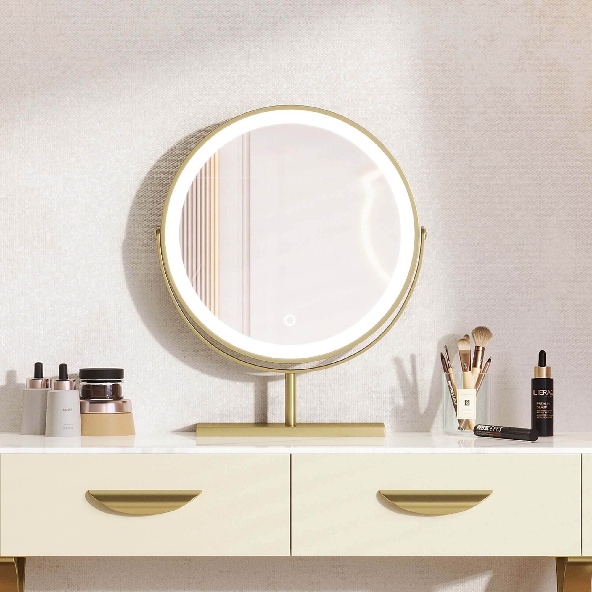 Luxury vanity makeup table with mirror, two drawers, and matching stool for elegant dressing