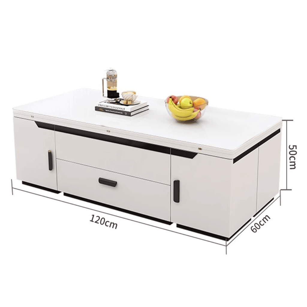White lift-top coffee table with storage and stools, perfect for compact living spaces