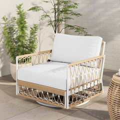 3 Pieces Aluminum & Weave Rope Outdoor Swivel Sofa Set with Side Table in Khaki