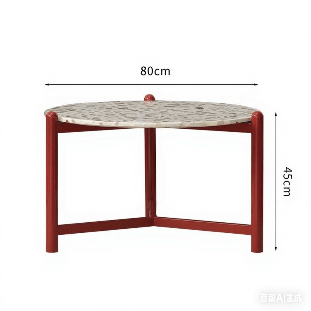 Round side table with vibrant red terrazzo top, featuring a modern minimalist design