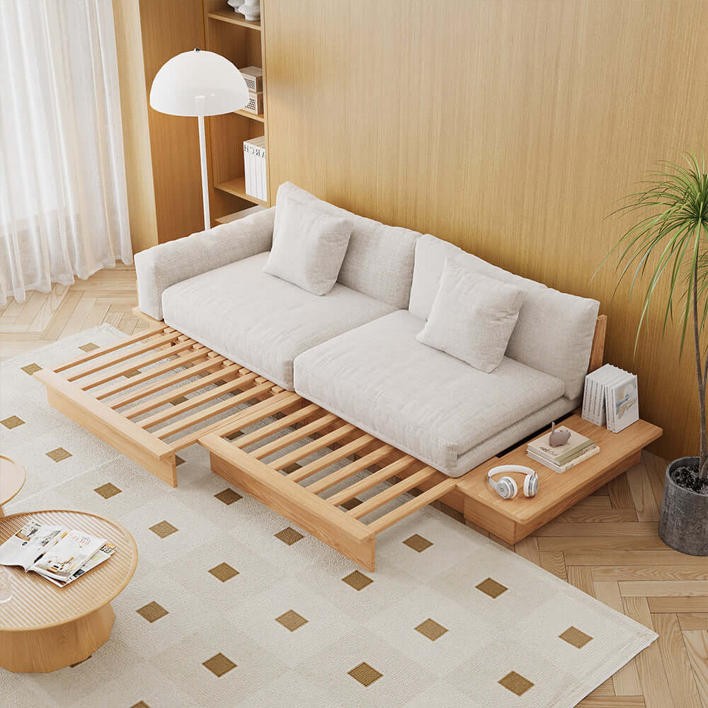 Cocochairs Floor Platform Wood Frame Sofa Bed – Reversible Armrests, Corduroy or Linen-Blend Upholstery