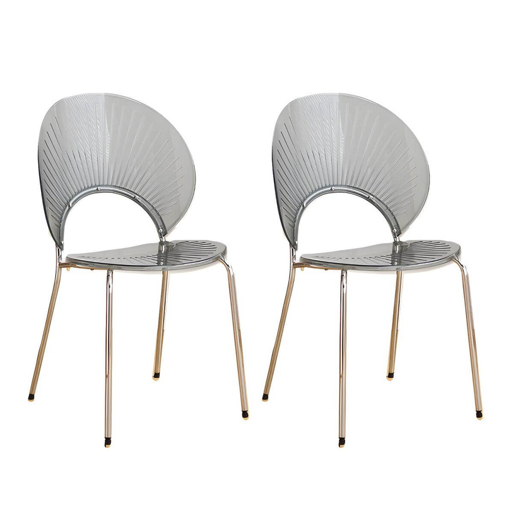 Stackable acrylic dining chair with open back and metal legs, armless design for modern dining rooms