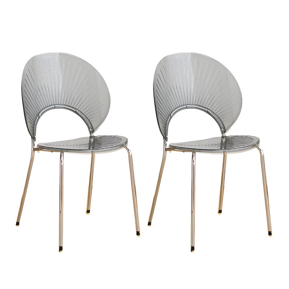 Stackable acrylic dining chair with open back and metal legs, armless design for modern dining rooms