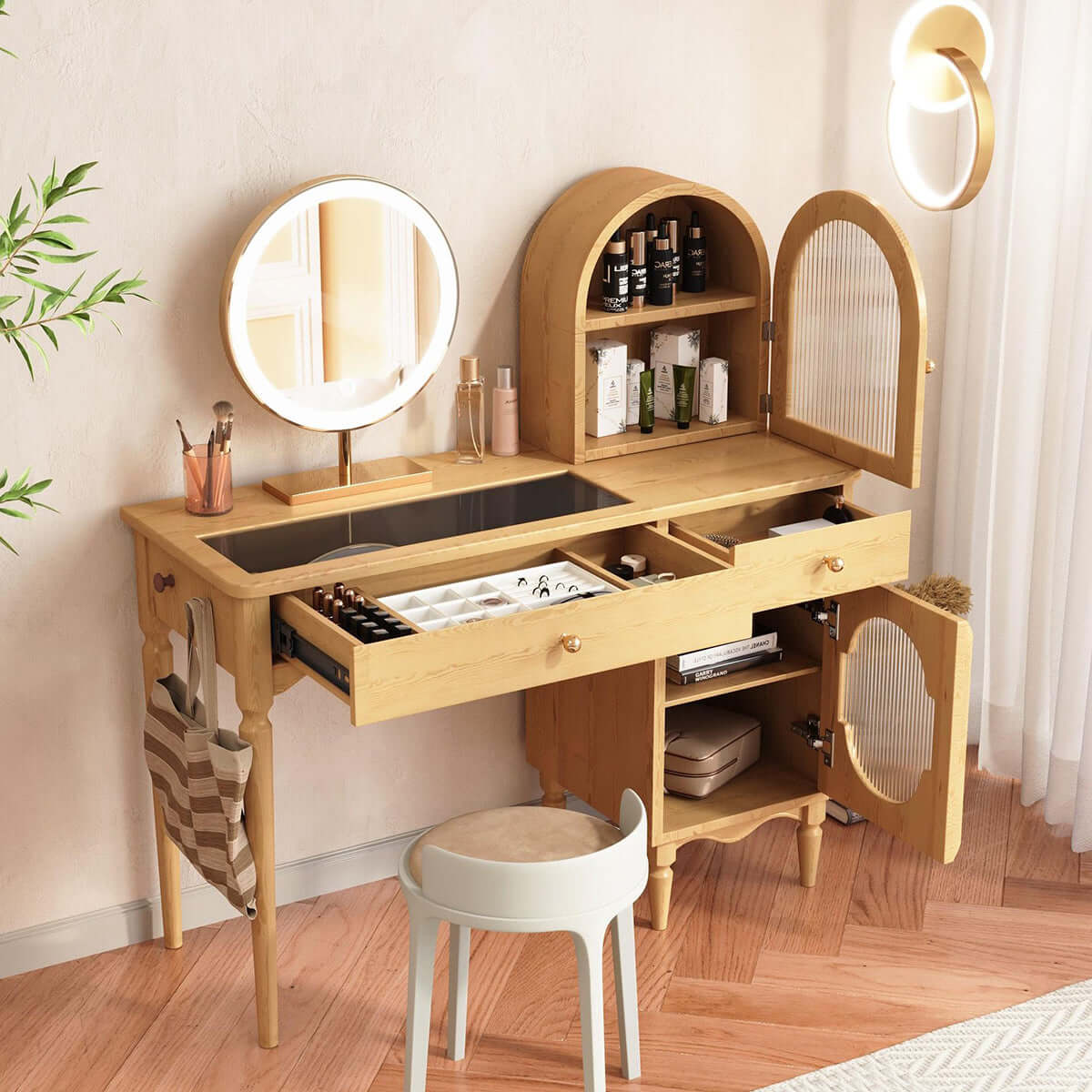 Wooden makeup vanity set featuring jewelry storage and a side cabinet for organization