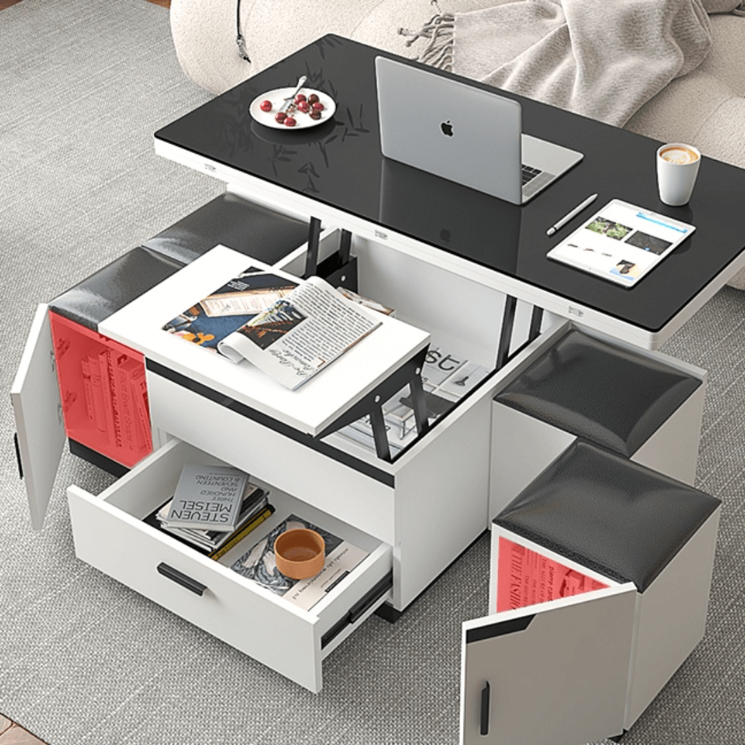 Modern White Lift-Top Coffee Table with Storage & Stools for Compact Living Spaces