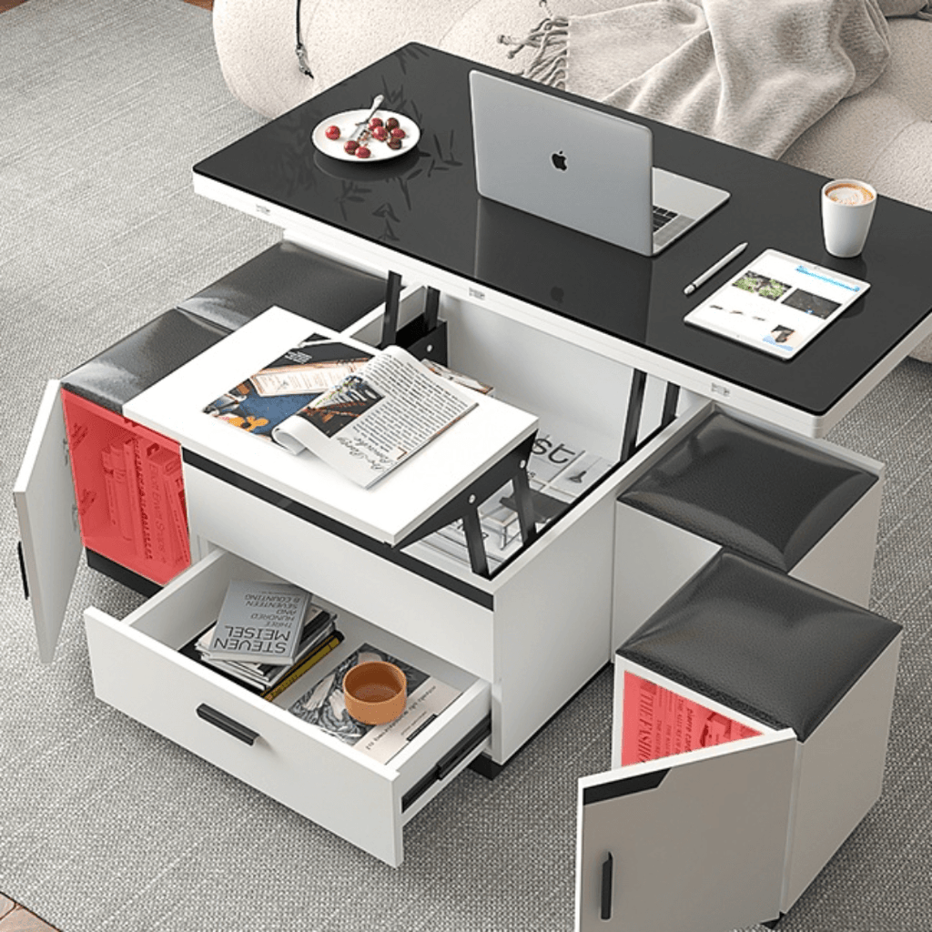 White lift-top coffee table with storage and stools, perfect for compact living spaces