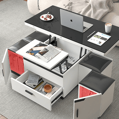 Modern White Lift-Top Coffee Table with Storage & Stools for Compact Living Spaces
