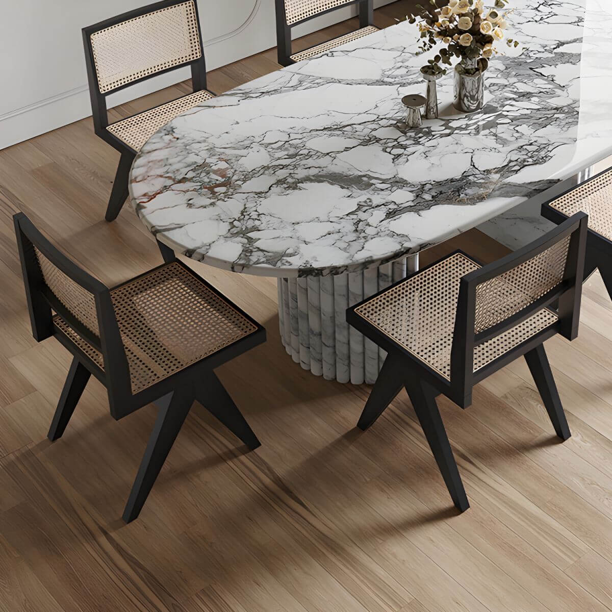 Modern oval marble dining table with white double pedestal base for stylish dining rooms