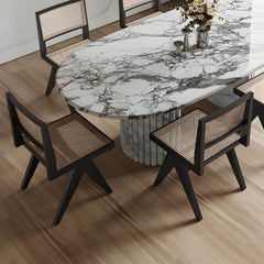 Marble Modern Oval Top Dining Table with White Double Pedestal Dining Tables
