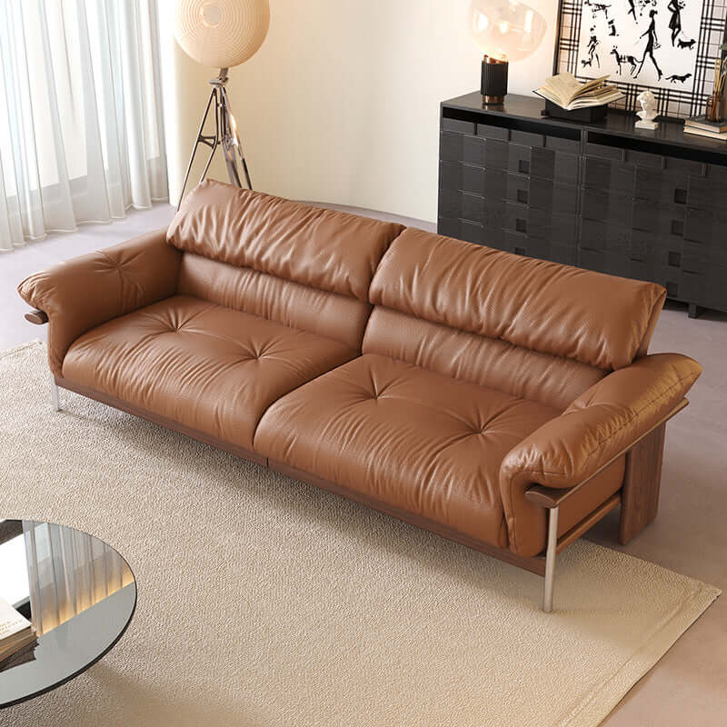 Three-seater sofa with straight-line design and top-grain leather upholstery