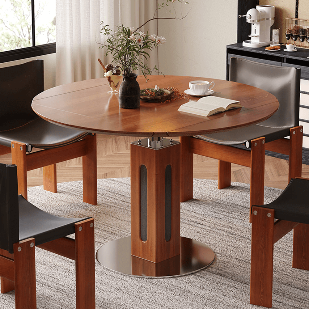 Foldable solid wood dining table that converts from square to round shape