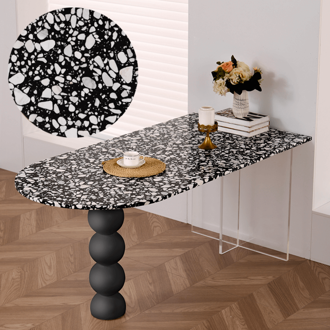 Half-elliptical terrazzo dining table with multicolor mosaic design, durable and stylish