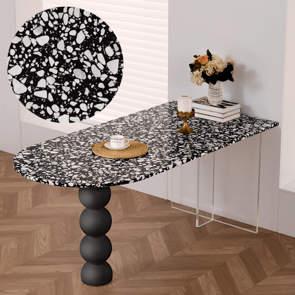 Half-elliptical terrazzo dining table with multicolor mosaic design, durable and stylish
