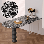 Half-elliptical terrazzo dining table with multicolor mosaic design, durable and stylish