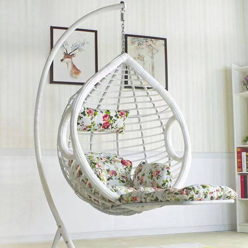 Two-seater metal porch swing egg chair with stand, cushions, and chain included
