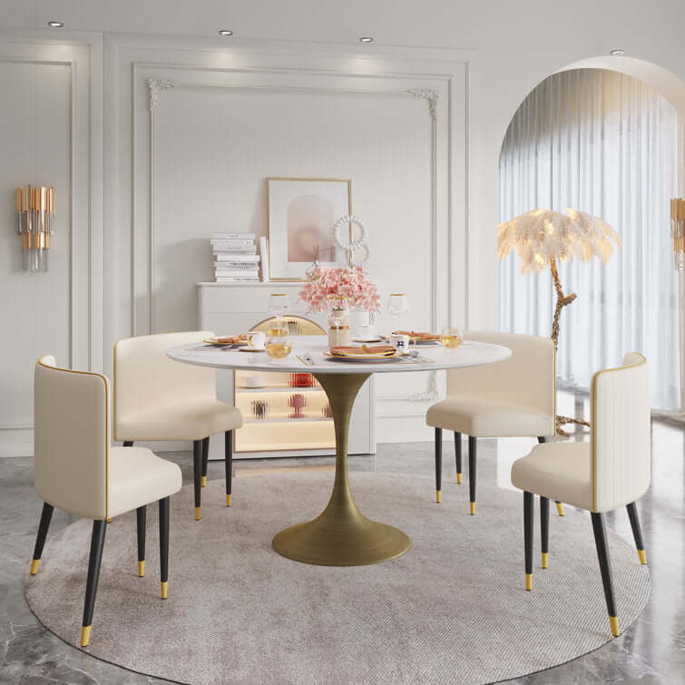 Round dining table and chair set featuring a durable sintered stone tabletop for luxury dining