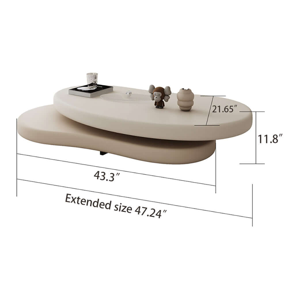 Off-white and beige minimalist rotatable coffee table with unique oval design