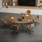 Foldable conference table with modern curve design and comfortable mesh chairs for meetings