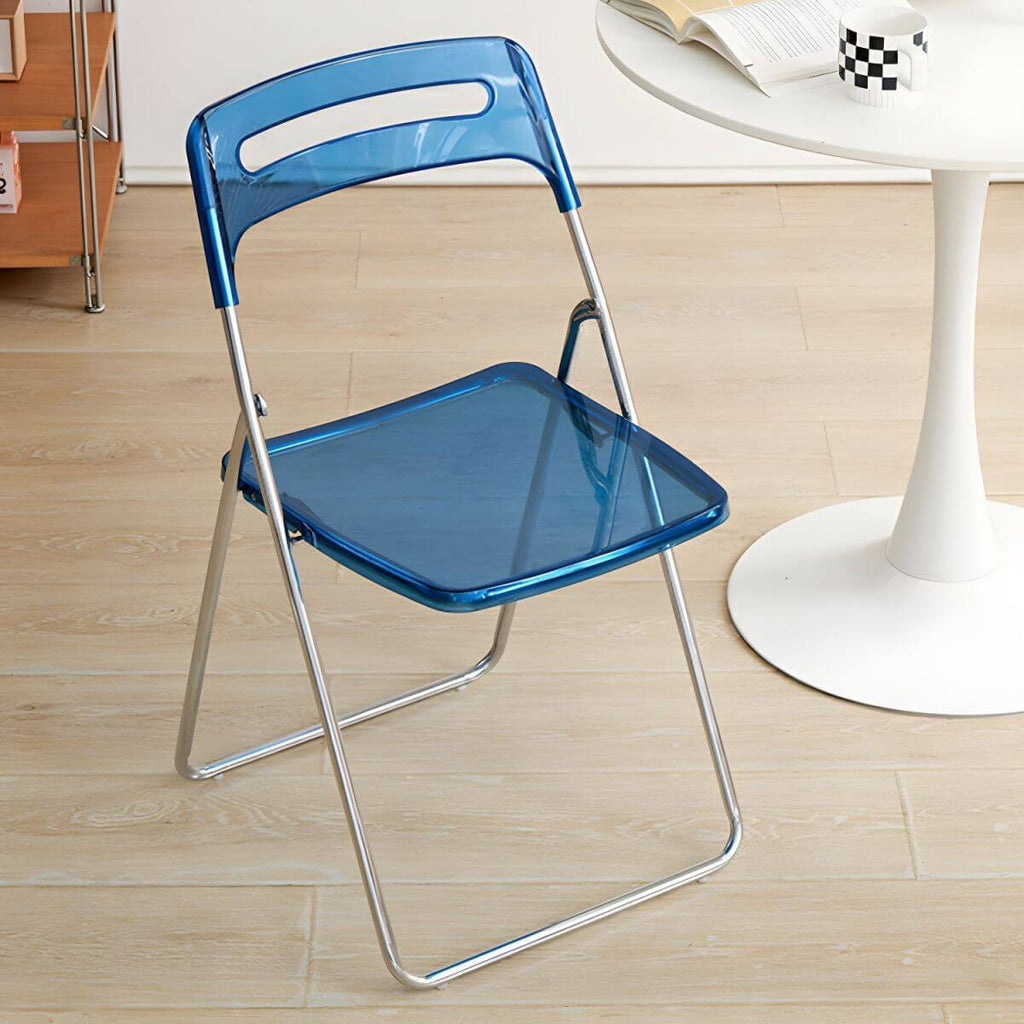 Modern collapsible open back side chair made of plastic and acrylic, ideal for kitchen and dining areas