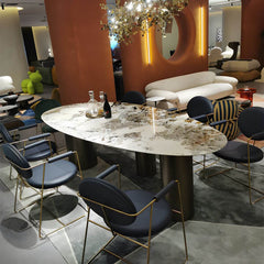 Luxury Oval Marble White Top Dining Table with 3 Gold Steel Legs Dining Tables