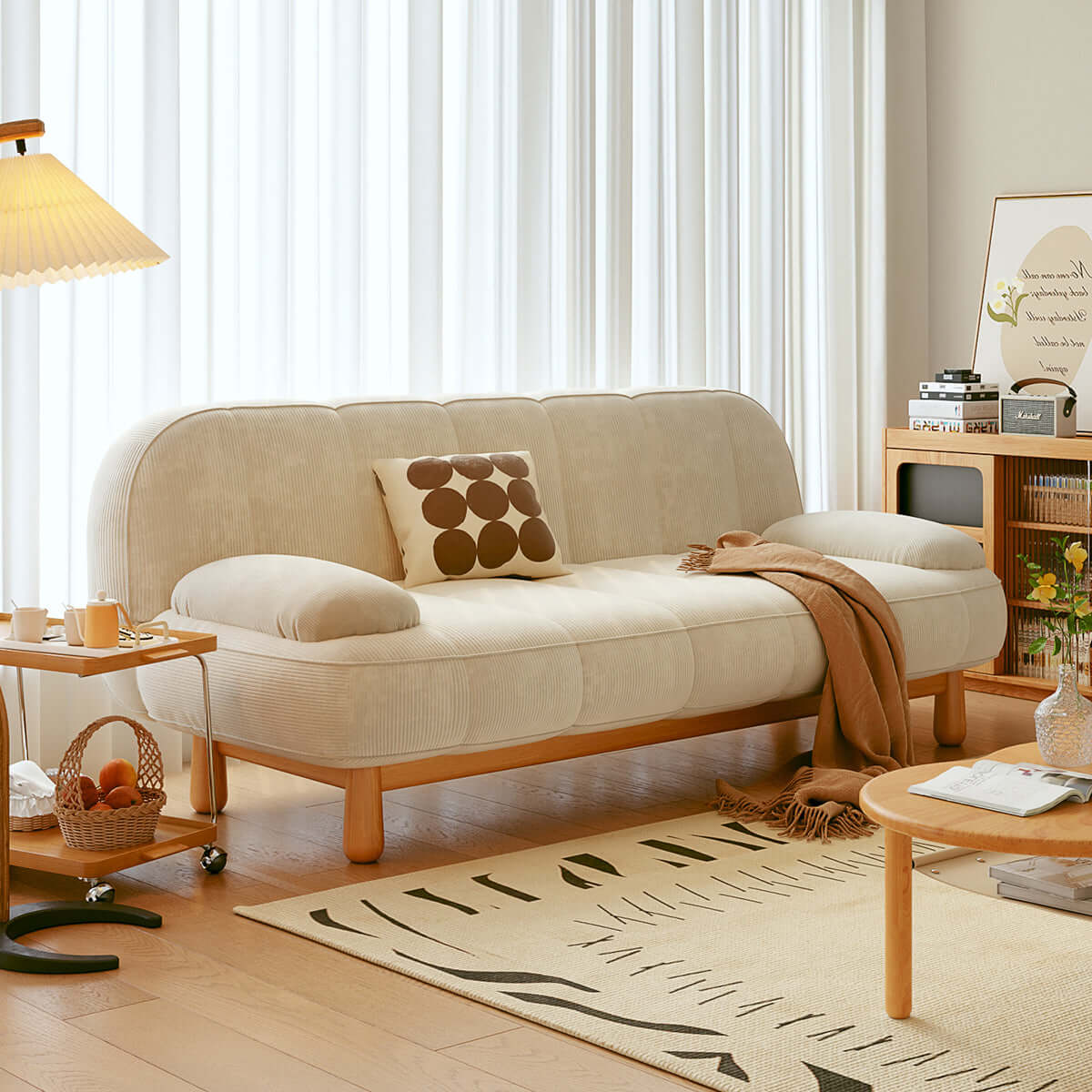 Cream white and green Japandi loveseat folding sofa bed with corduroy fabric upholstery