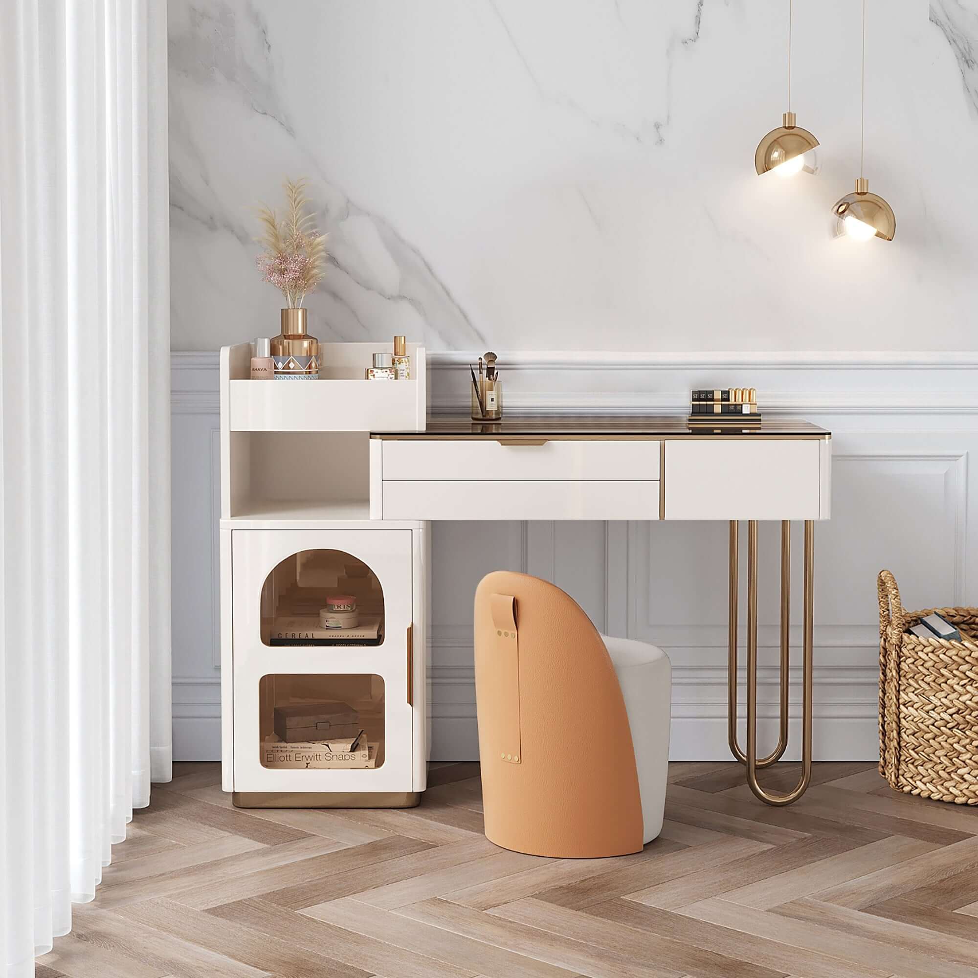 White makeup vanity table with glass tabletop, open storage compartment, drawers, and cabinet